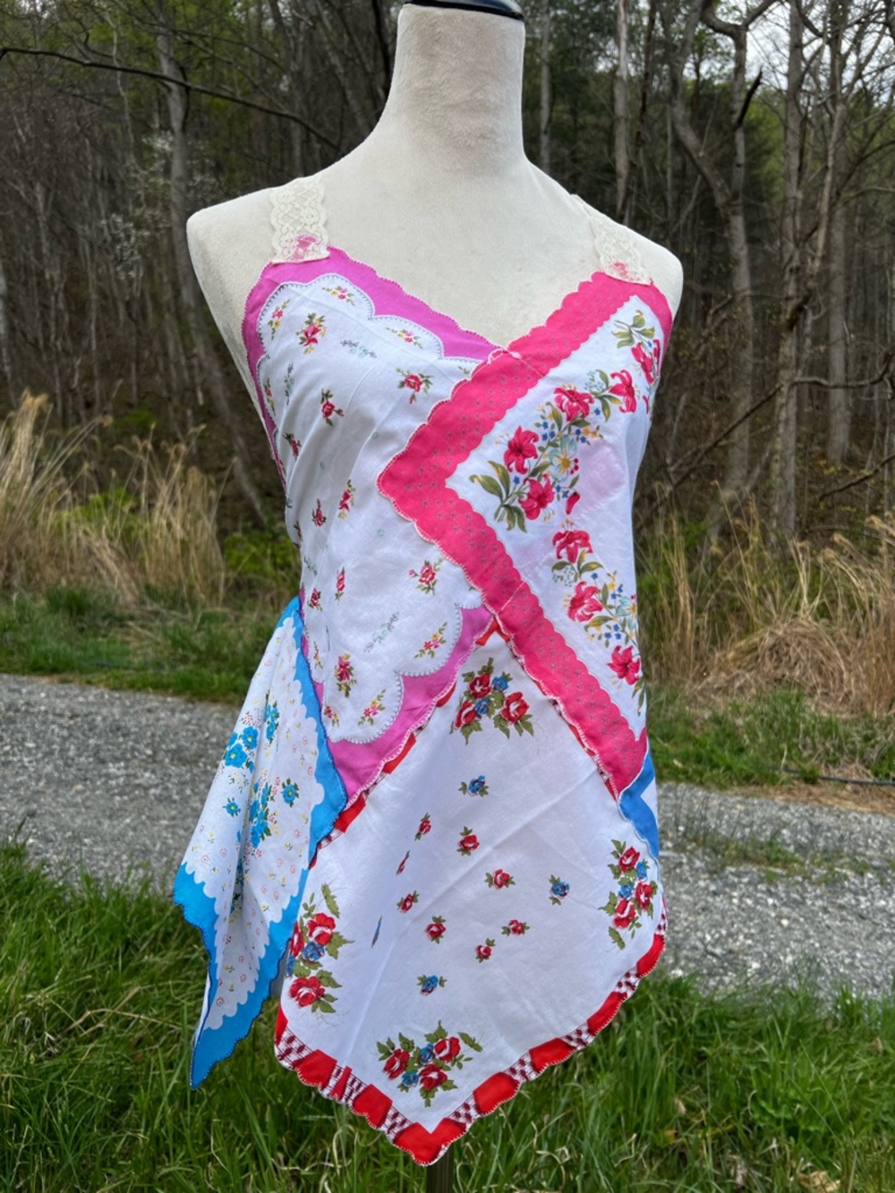 Handmade Vintage Handkerchief Patchwork Halter Top with Floral Trim